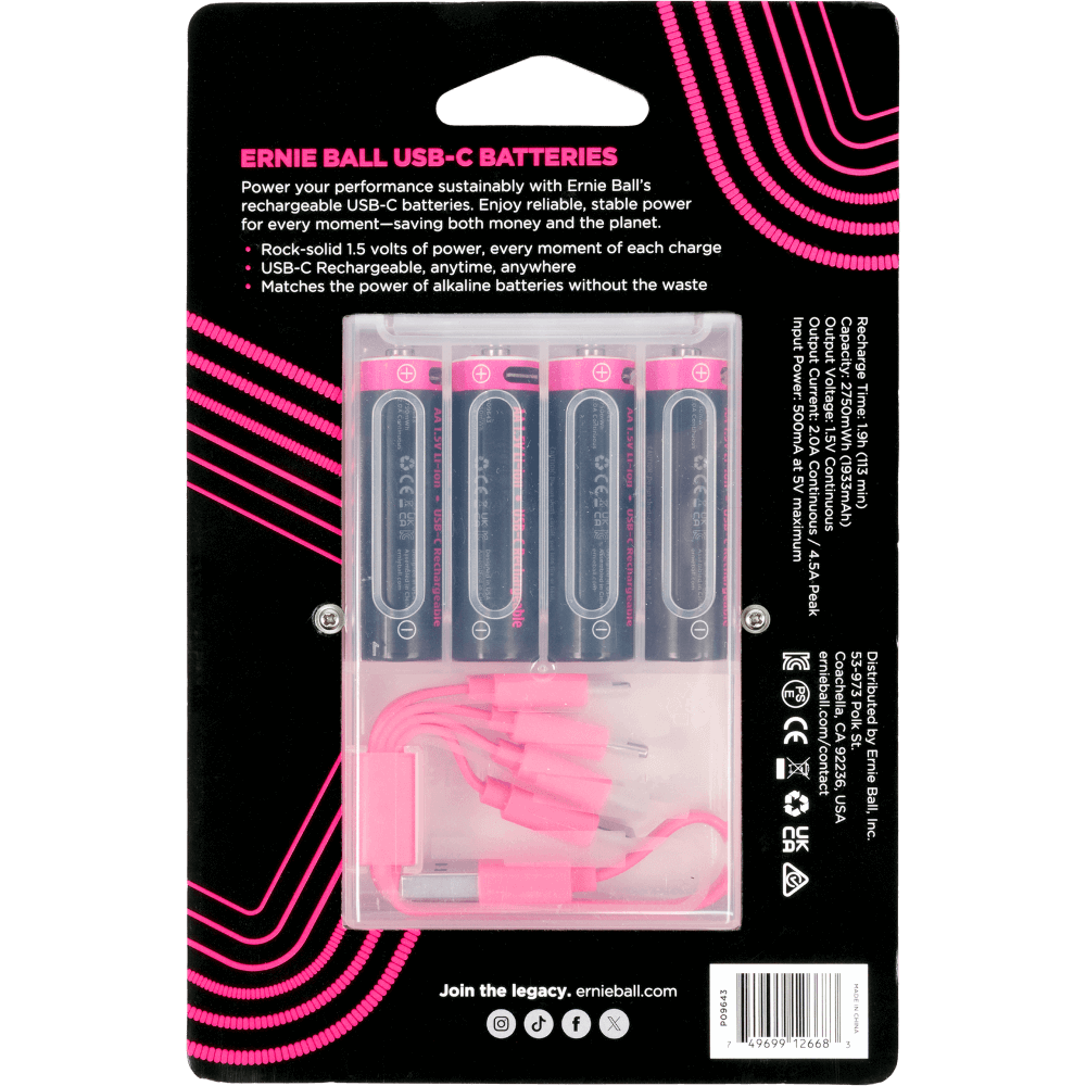 ERNIE BALL USB-C RECHARGEABLE AA BATTERY 4-PACK - P09643 image 6